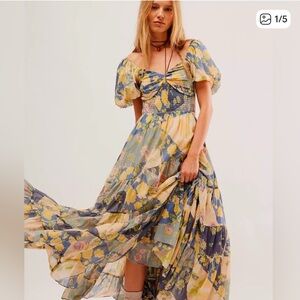Free People Sundrenched Floral Maxi Dress - Blue and Yellow Size XS